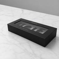 Boîte rigide personnalisée noire mate avec couvercle et base, fenêtre en acrylique transparente, intérieur en feuille d'argent pour coffrets cadeaux cosmétiques