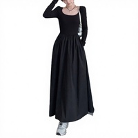 Robe longue moulante à col carré et manches longues, noire unie, décontractée pour le quotidien, en tissu tissé extensible, ajustée, respirante et écologique