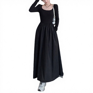Elastic Waist Scoop Neck Long Sleeve A-Line Maxi Dress Solid Black Casual Daily Wear Woven Polyester Loose Fit Full Length - Product Image 3