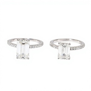 Anillo de Lujo con Esmeralda y Diamantes Redondos Cultivados en Laboratorio, Oro Sólido de 10K, 14K, 18K, Halo, Media Eternidad, Banda Pavé, Anillo de Promesa, Anillo de Boda - Product Image 1