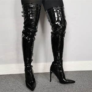 2021 Autumn Solid Buckle Strap Decor Side Zip Women Thigh High <b>Boots</b> Stiletto Ladies Pointed Toe Large Size 47 Sexy Long Booties - Product Image 5