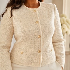 Completo <span class=keywords><strong>tailleur</strong></span> in tweed personalizzato OEM da <span class=keywords><strong>donna</strong></span>, taglie forti, coordinato elegante da lavoro, con pantaloni, IT taglie dalla 44 alla 56, in maglia - Product Image 2