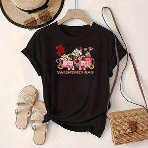 Maglietta dolce per San Valentino da donna, a maniche corte, stampata con orsetti e fiori, girocollo, vestibilità regolare, tessuto morbido e traspirante - Product Image 1