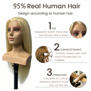 Tête de mannequin en cheveux humains naturels, lisses, longueur 65 cm, avec épaules, pour la coupe et le tressage de cheveux - Product Image 2