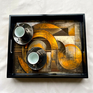 Plateau de service ovale moderne en bois de luxe avec incrustations dorées, cadre noir, assiette décorative écologique, style artistique peint à la main pour fêtes - Product Image 1