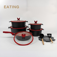 Ensemble de 15 ustensiles de cuisine en aluminium et granit, revêtement antiadhésif PTFE, compatible avec les cuisinières à gaz, couvercles en verre, passe au lave-vaisselle