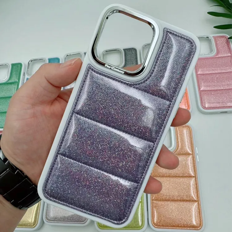 3D pamuk TPU deri aşağı ceket cep telefonu kılıfı iPhone 15 14 13 12 Pro Max 11 Glitter bling puffer darbeye arka kapak