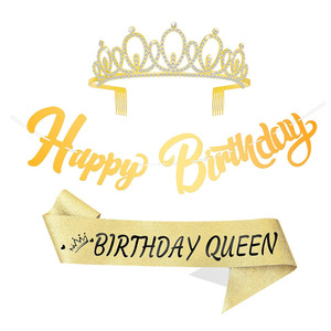 Ensemble de fête d'anniversaire or rose, couronne en alliage, écharpe scintillante, décoration Joyeux Anniversaire Reine, 8-13 ans - Product Image 2