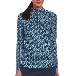 Custom OEM Polyester Quick Dry Pattern Print Comfort Women's Quarter Zip Sun Protection Golf Top Pullover Woman