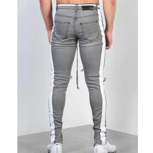Envío gratuito Moda Streetwear hombres Jeans gris Skinny <span class=keywords><strong>Hombre</strong></span> rasgado <span class=keywords><strong>pantalones</strong></span> vaqueros con cinta lateral Homme Hip Hop - Product Image 4