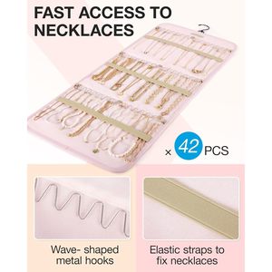 Hanging Jewelry Organizer Pink Double-Sided Storage Roll for Earrings Necklaces Bracelets Rings Watches - Product Image 2