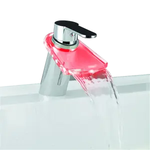 Bathroom Sink Faucet LED Light 3 Colors Changing Waterfall Glass Spout Temperature Detectable LED Glass Bath Shower Mixers