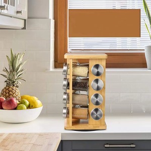 Étagère à épices en bois de bambou, 12 pots, organisateur de rangement rotatif pour comptoir de cuisine, couvercle en acier inoxydable, multi-compartiments - Product Image 2