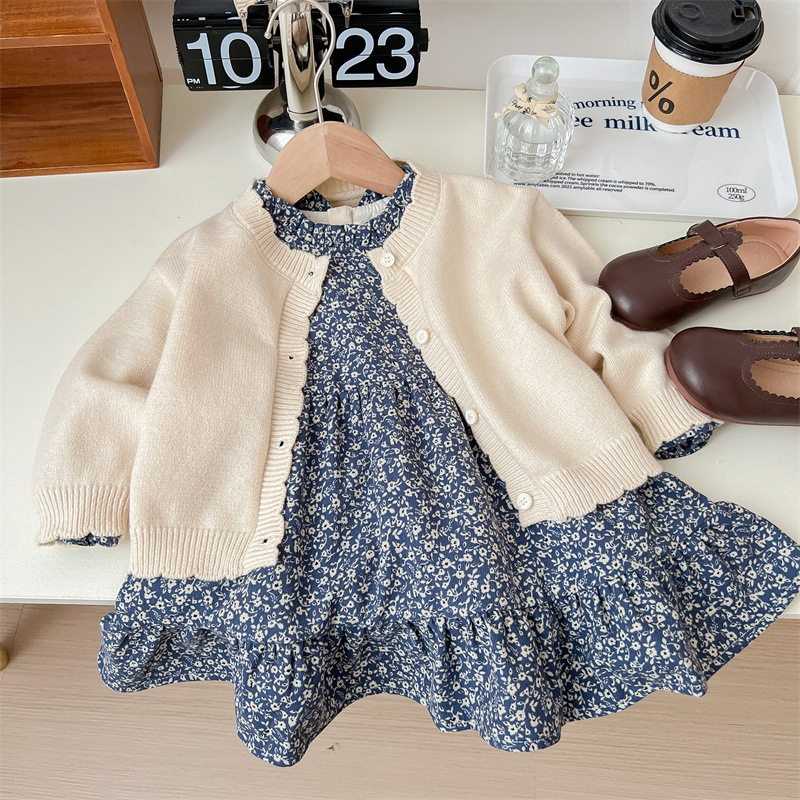 New Girls' Suit Children's Fashion Sweater + Blue Floral Skirt Two-piece Baby Girls' Autumn Suit