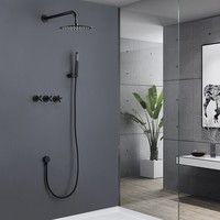 Ensemble de douche encastré moderne minimaliste noir mat brossé tout en cuivre, qualité hôtelière, mural, avec pommeau de douche pluie