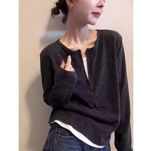 Women's Dark Gray Long Sleeve Half Zip Knitted Sweatshirt With Faux Two Piece <b>Patchwork</b> Casual <b>Top</b> For Autumn - Product Image 3