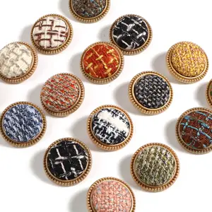 Metal Gold Buttons Tweed Plaid Fabric Covered Round Shank Buttons Patchwork Sewing DIY Cardigan Clothes Garment Accessory