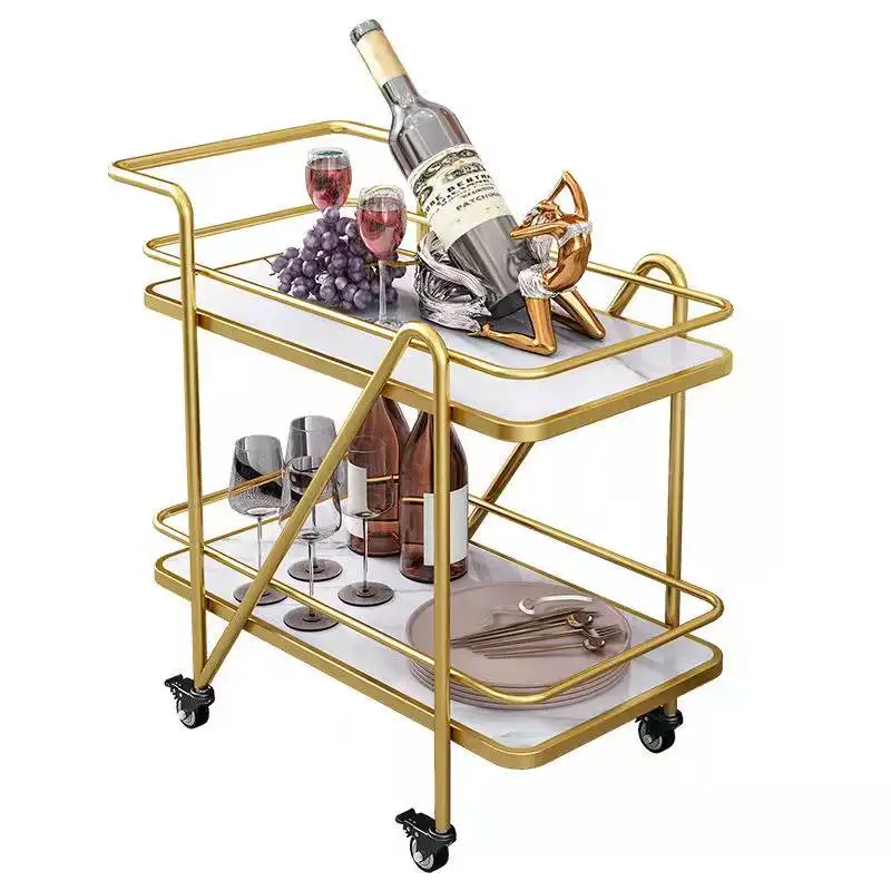 Hotel Restaurant Home Kitchen Trolley Luxury Vintage Gold Metal Iron 2 Tier Wine Drink Food Tea Serving Bar Cart