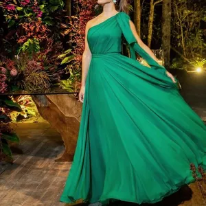 Extremely Popular High Class Party Evening Gowns Slim Slash Shoulder Dress Ornate Green Chiffon Dress for Women