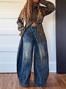 <span class=keywords><strong>Jeans</strong></span> Casual da <span class=keywords><strong>Donna</strong></span> Y2K Streetwear con Vita Media, Gamba Larga, Traspiranti, in Denim Lavato Vintage, con Design Asimmetrico e Dettaglio Avvolgente in Vita - Product Image 4