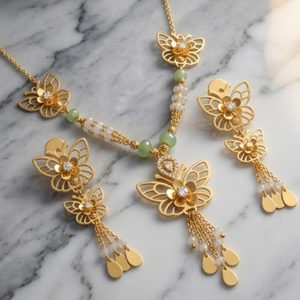 925 Silver Italian Mala Necklace Set with Beads Gold Butterfly Floral Pendant Jewelry Earrings for Women Wedding <b>Gift</b> Fashion - Product Image 1