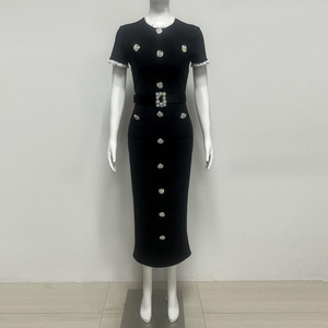 <span class=keywords><strong>Abito</strong></span> <span class=keywords><strong>Midi</strong></span> <span class=keywords><strong>Nero</strong></span> di Lusso con Decorazioni per Donne, <span class=keywords><strong>Elegante</strong></span> Vestito a Maniche Corte con Cintura e Cristalli Floreali per Serate Formali e Feste - Product Image 2