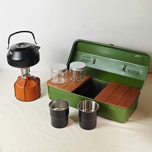ハイキング用緑色キャリーケース収納ボックス、ポータブルキャンプ用金属ボックス、ティーセット、アラビアティーセット（ケトル、カップ、ストーブ付き） - Product Image 5