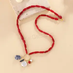 bulk wholesale fashion jewelry Natural Coral Stone Necklace with Freshwater Pearl & for woman red Length 53cm 1584431