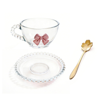 Ensemble tasse et soucoupe en verre peint à la main, style américain, écologique, rose princesse, avec nœud, réutilisable, 250 ml, pour café, thé et expresso