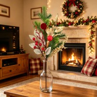 Guirlande de Noël en feuilles de pin dorées et baies de velours rouge, 40 cm (15,75 pouces)