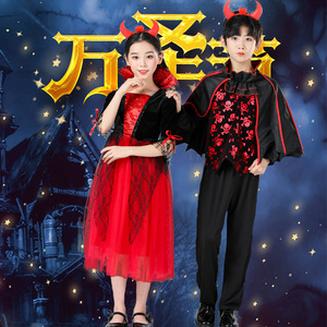 Disfraz de Halloween para niños de Brujas rojas y negras, conjunto de disfraz de actuación con capa de vampiro para niños, vestido de princesa para niñas - Product Image 4