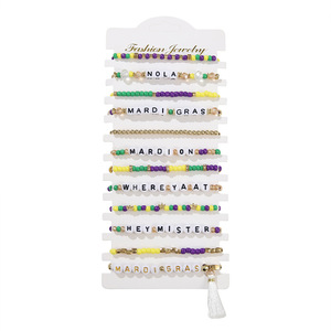 Fashion Jewelry Mardi Gras <b>Beaded</b> <b>Bracelet</b> Set Letter Charm Elastic Stackable Party Gift Jewelry - Product Image 5