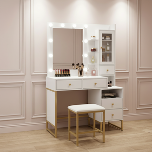 Factory Direct <b>Makeup</b> <b>Vanity</b> Desk with <b>Mirror</b> and 10 Lights Bulbs, Table Set Drawers Charging Station - Product Image 1
