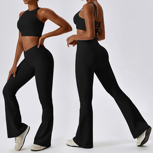 Set Sportivo da <span class=keywords><strong>Donna</strong></span> con Logo Personalizzato, Schiena Scoperta, Aderente e ad Asciugatura Rapida, Composto da Canotta Yoga e Pantaloni Fitness a Zampa Larga - Product Image 4