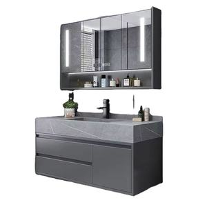 Modern <b>Wall</b> Mounted Bathroom Vanity <b>Set</b> with LED <b>Mirror</b> Cabinet Stone Basin Dark Finish In Contemporary Design - Product Image 1