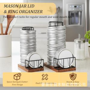Support de rangement pour couvercles de bocaux Mason, base en bois massif, empilable, en fer forgé, organisateur de cuisine pour couvercles hermétiques - Product Image 3