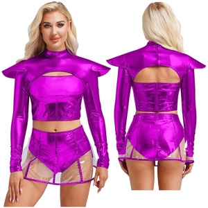 Disfraces de alienígena para mujer, conjunto de 2 piezas estilo espacial, top corto metálico, falda de PVC, holográfico, para festivales rave, cyberpunk - Product Image 3