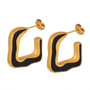 Wholesale Custom Earrings Fashion Jewelry Stainless Steel 18K Gold Plated Black Drop Glue Geometric Square Hoop Earrings Women