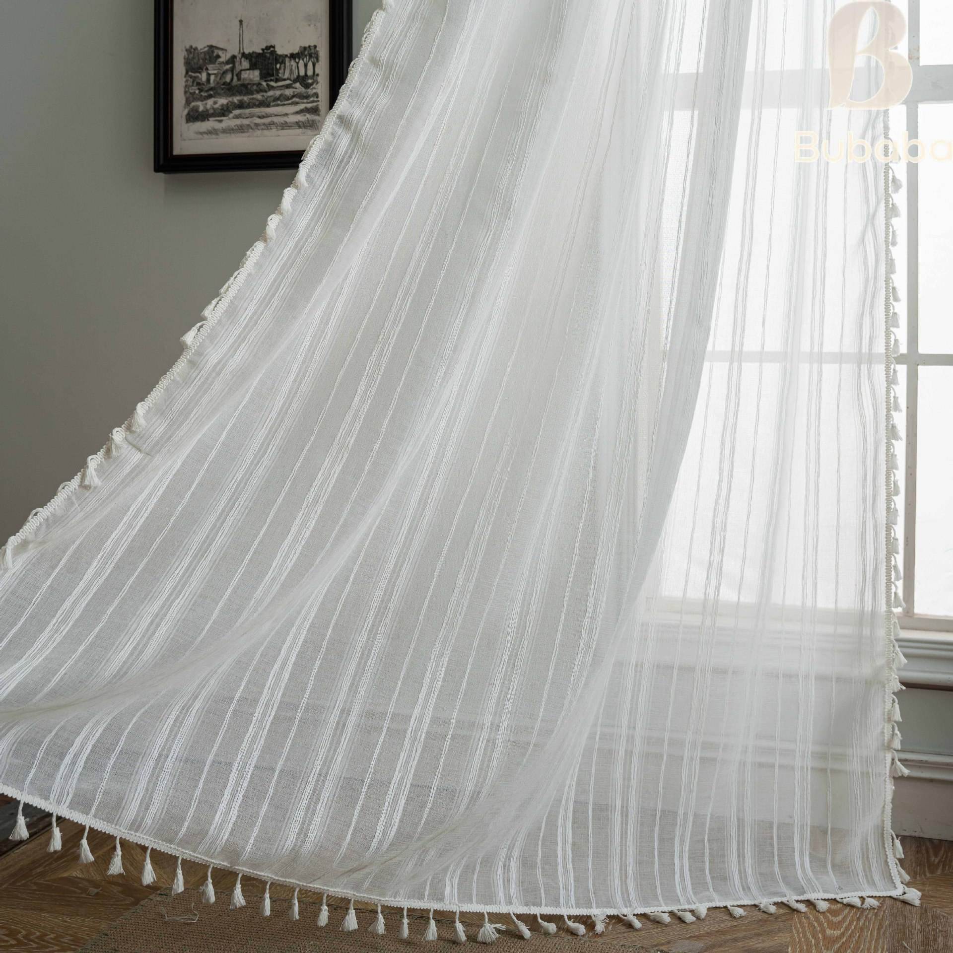 A206-25 white striped linen curtain white tassels