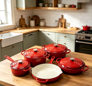 Ensemble de batterie de cuisine en fonte émaillée LFGB FDA, 5 pièces : casseroles, faitouts, poêle, casserole à sauce, marmites, compatible cuisinière et four - Product Image 2