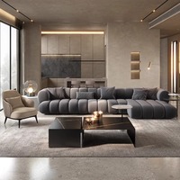 Canapé modulaire une place, design droit et d'angle, color block, effet nuage, en tissu bouclé, gris anthracite et crème, ensemble bas