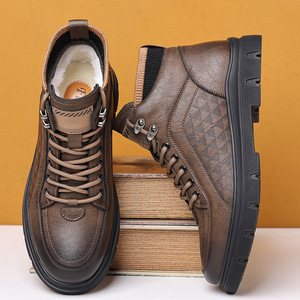 Men's Winter Snow Boots Cowhide <b>Wool</b> Lining Thickened Warm Lace Up For Cold Weather - Product Image 1