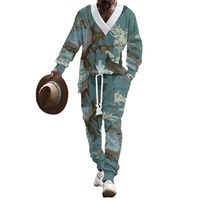 Ensemble Décontracté Homme 2025 Style Européen Américain en Maille Jacquard Col V Manches Longues Pantalon de Jogging Logo Avant Coupe Ample Printemps