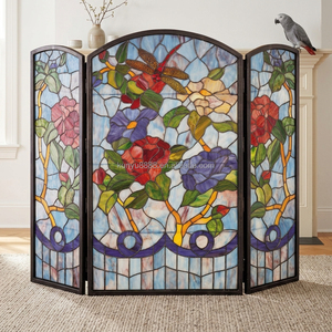 Customized Stained Glass Room Divider 3 Panels Floral Pattern Red Roses Blue Background Freestanding Decorative <b>Screen</b> - Product Image 1