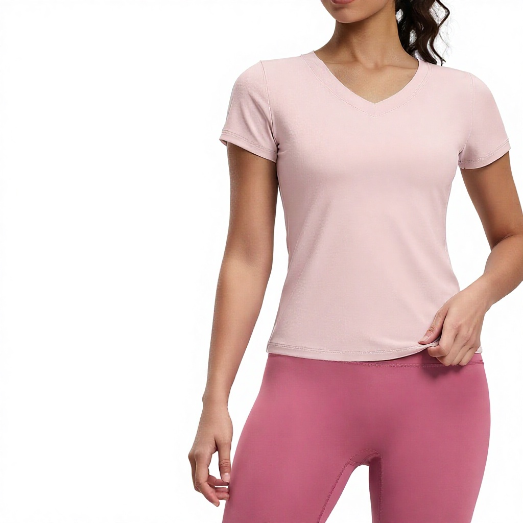 Juyitang New Peach Basic V-neck Short-sleeved Spandex/Polyester Solid Sports Fitness Running Breathable Slim Yoga Top Women