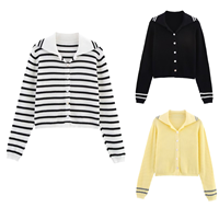Cardigan en tricot côtelé rayé à col mandarin pour femme, style preppy décontracté, vêtement d'extérieur tricoté boutonné pour l'automne