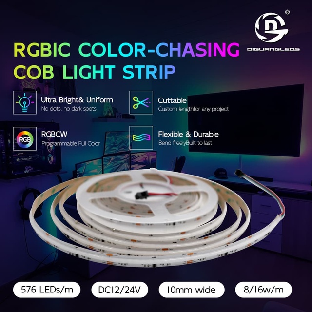 Ws2815 Rgb Cob Led Strip 12v 24v Flexible Rgb Cob Strip 10mm Smart Chip Cob Led Strip Light for Hotel Ceiling