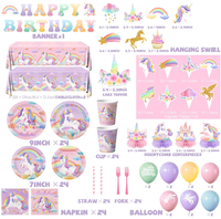 Ensemble de vaisselle et décorations pour fête d'anniversaire Licorne Arc-en-ciel : Assiettes, gobelets, serviettes, couverts, nappe, bannière, spirales, décorations de gâteau en nid d'abeille