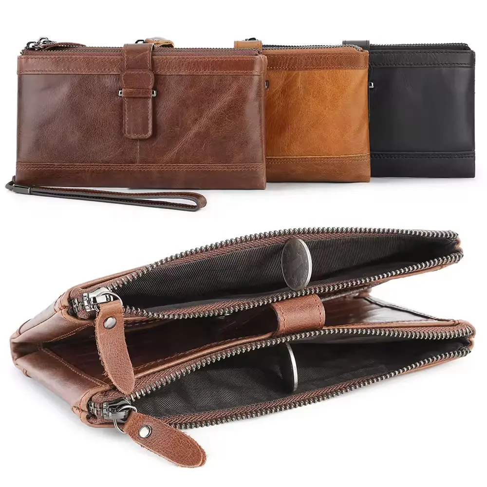 Fashion Double Zip Wallet Women Long Man Purse Wallet Card For Men Genuine Leather With Zipper Wallet
