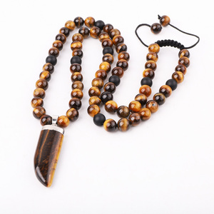 Colar Masculino Longo com Pingente de Chifre de Boi Ajustável, Contas de Pedra Natural Olho de Tigre Marrom de 8mm, Design Clássico - Product Image 1